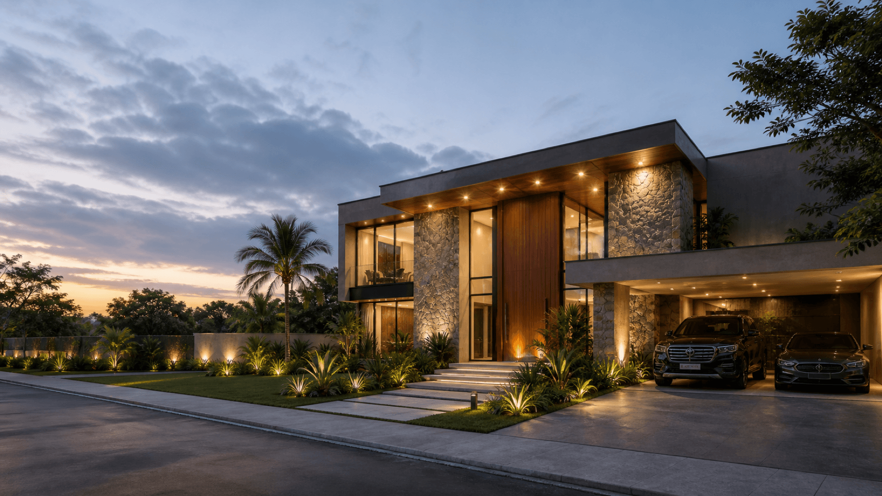 Residência contemporânea com paisagismo e iluminação acolhedora